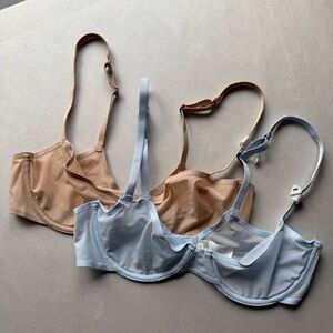 Aerie Smoothez Mesh Unlined Balconette Bra Bundle Nude & Blue Semi Sheer 34B
